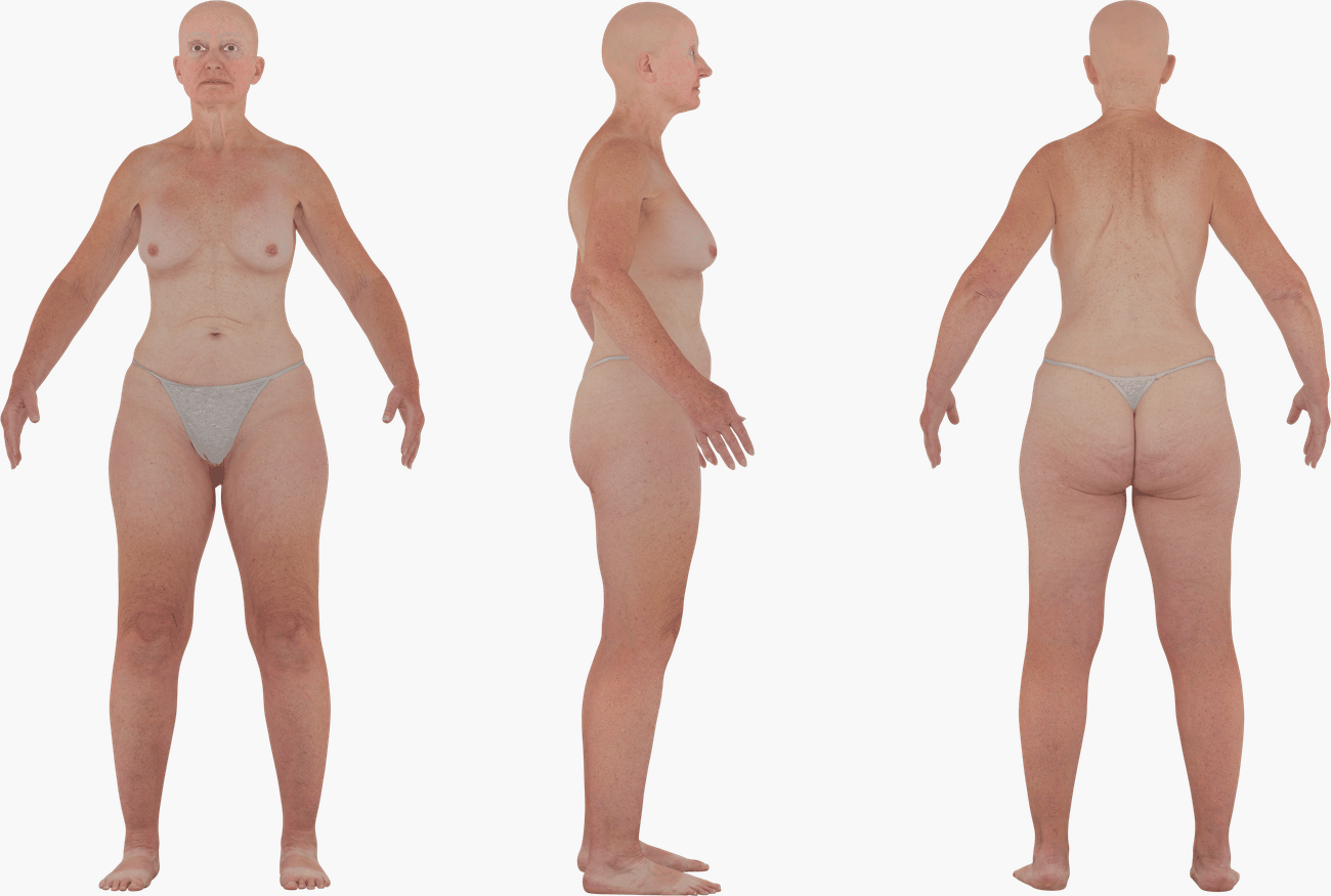 PBR texture map set for an older female 3D body scan, including albedo, normals, specular and metalness maps